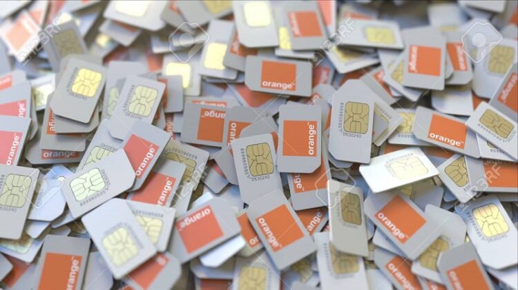 Pile of SIM cards with logo. Editorial 3D